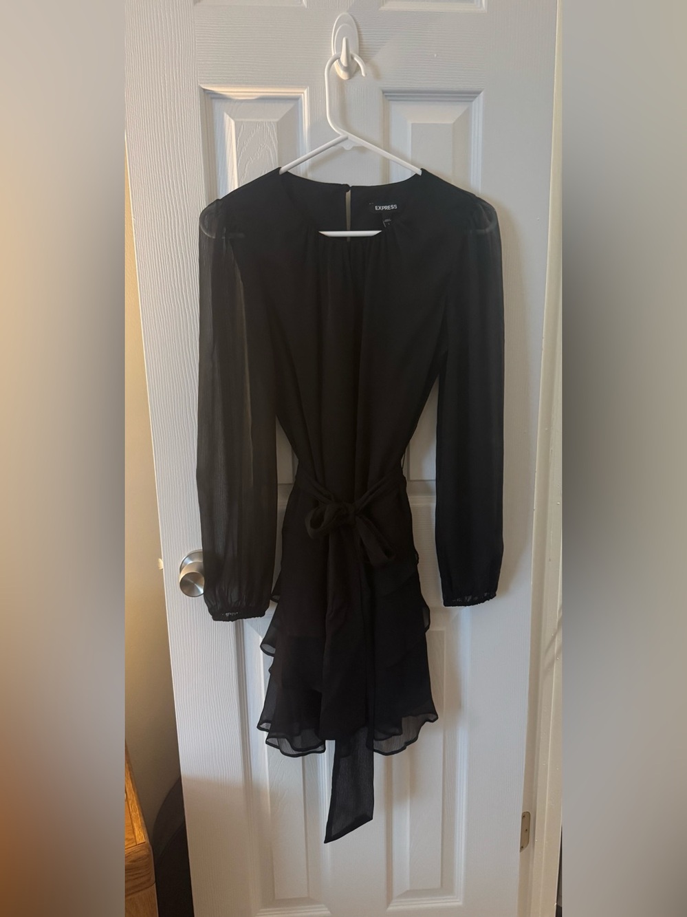 Express Black Long-Sleeve Tie-Waist Ruffled Dress